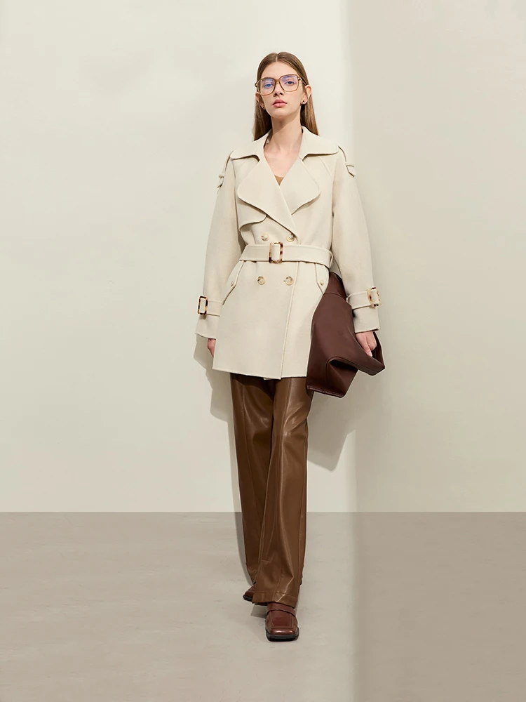 

AMII минималистичное шерстяное пальто для женщин, новинка зимы 2025, пальто средней длины с поясом, двубортные однотонные куртки с рукавами реглан 12344101