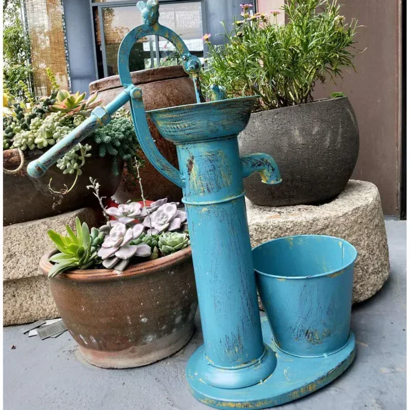 Antique Blue Water Hand Pump Flower Pot Metal Barrel Planter Bird Feeder Bath Faucet Roof Garden Balcony Courtyard Decoration