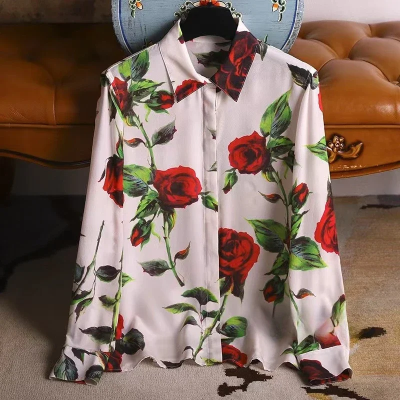 

Satin Women's Shirts Prints Loose Vintage Silk Blouses Spring/Summer Ladies Clothing Fashion Long Sleeves Women Tops