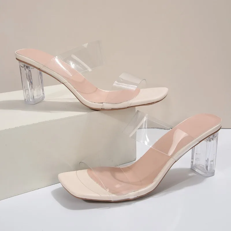 

Женские тапочки большого размера, новинка 35–42, толстые, с квадратной головкой, прозрачные, одно слово, модные туфли с кристаллами 7 см, туфли-лодочки на высоком каблуке