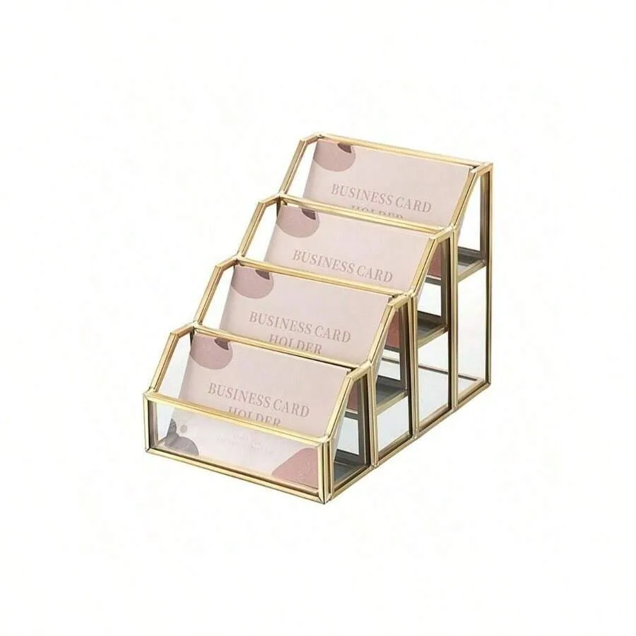 Elegant Golden Mirrored Glass Business Card Holder