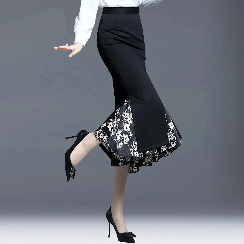 2025 New Black Fishtail Skirts Women Spring Autumn High-end Western-style Split Long Skirt Lady Elegant Maxi Trumpet Skirts 4XL