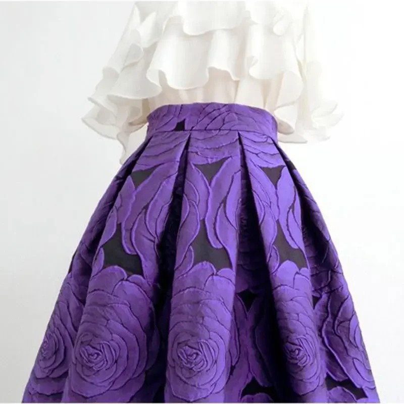 Rose Purple Floral Elegant Chic High Waist Ball Gown Loose Women's Skirt Knee-Length Long Skirts For Women Clothing Fashion 2025