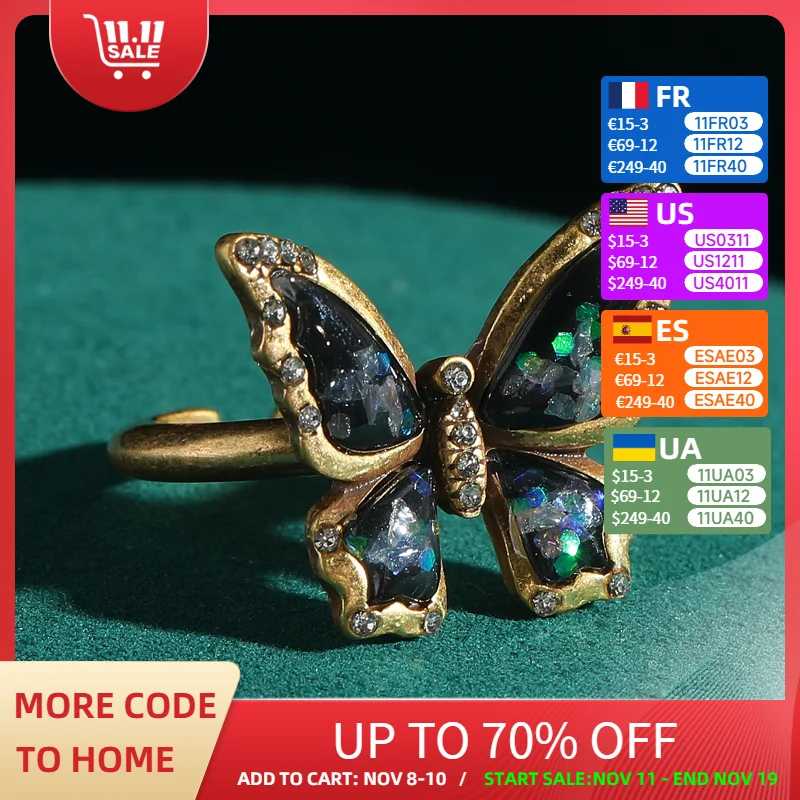 

Vintage Black Butterfly Ring Adjustable Natural Stone Antique Gold Color Designer Jewelry For Woman Brand Accessories Luxury