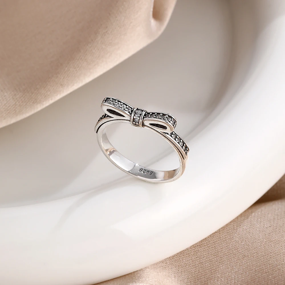 925 Sterling Silver Red Pink White bows Ring For Women Jewelry Open Design Wedding Party Fashion Gift