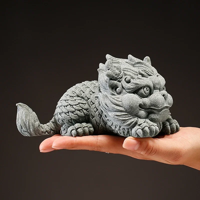 

Green sand stone auspicious beast Qilin fish tank landscaping national style home living room Zhaocai Pixiu tea pet decoration