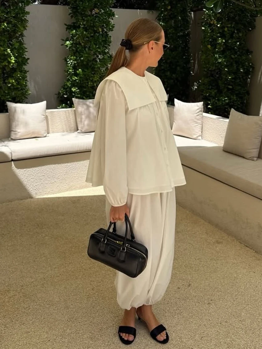 Marthaqiqi Casual Female Nightgowns Set Peter Pan Collar Pajamas Long Sleeve Nightwear Pants Loose Women Nightwear 2 Piece Suit