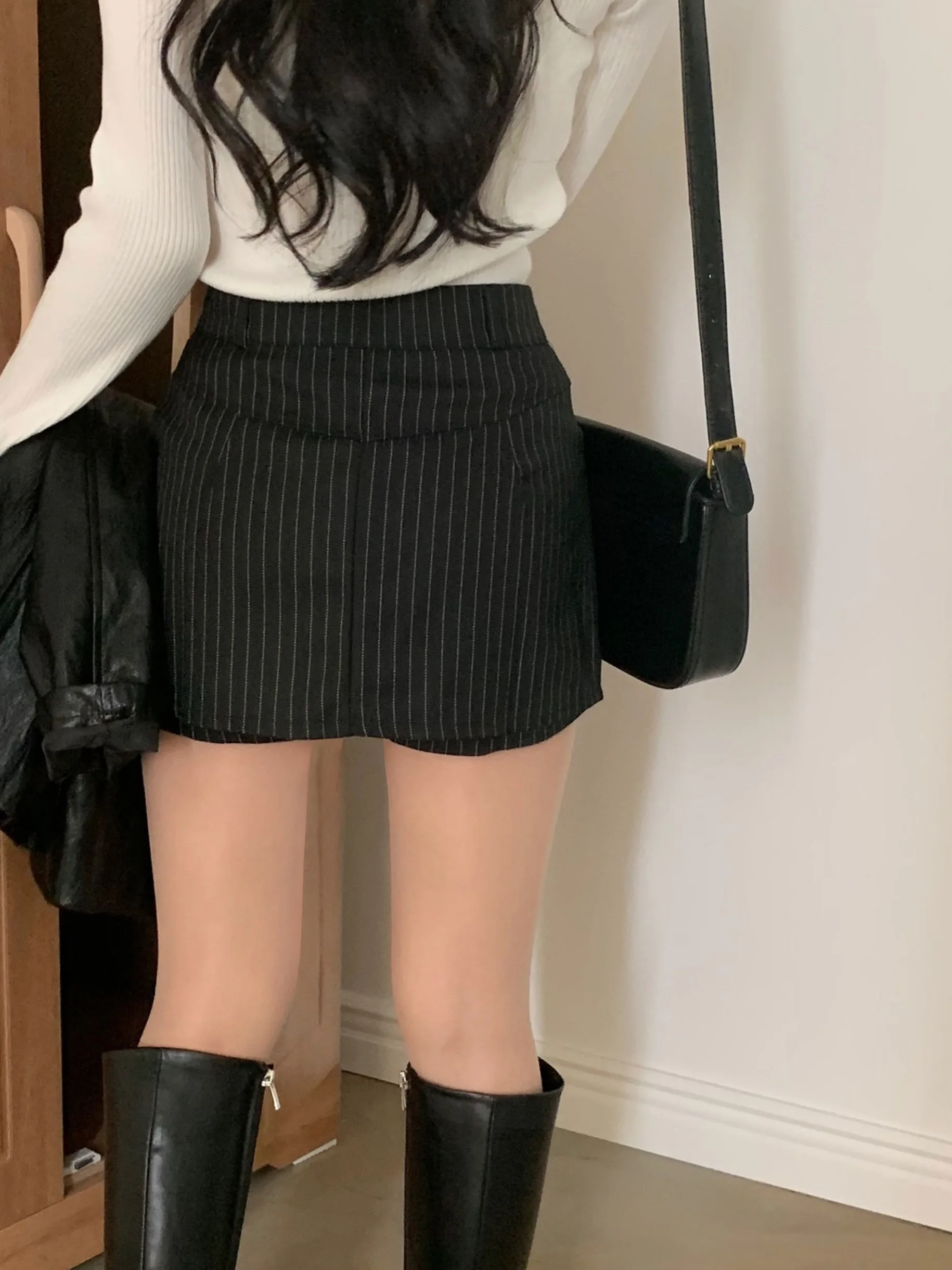 Autumn Winter Stripe High Waist Slim A-Line orts Women's Casual Versatile Faionable Knee-Length Skirt-Pants