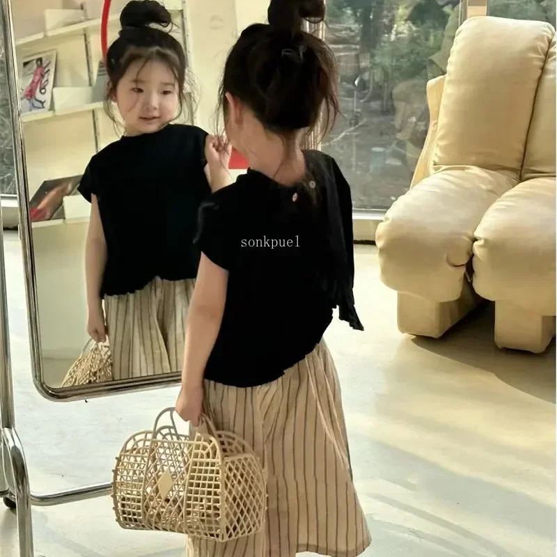 2pc Children Clothes Set Girl\'s Shirt or Pant 2024 Summer Korean Fashionable Lace Sleeveless Girl\'s Shirts or Striped Pant