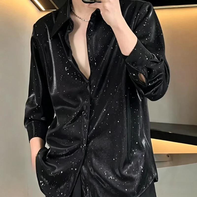 2026 New Spring Autumn Men Black Lapel Long Sleeve Shirt All Over Star Sequins, Loose Fashion Casual Top For Party Nightclub