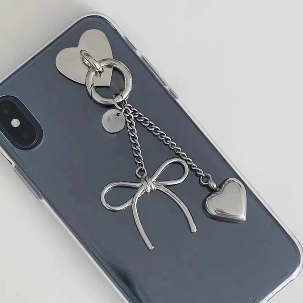 Fashion Heart Bowknot Keychain Pendant Keyring Silver Color Metal Backpack Bag Charms Hanging Decoration Car Key Holder Gifts