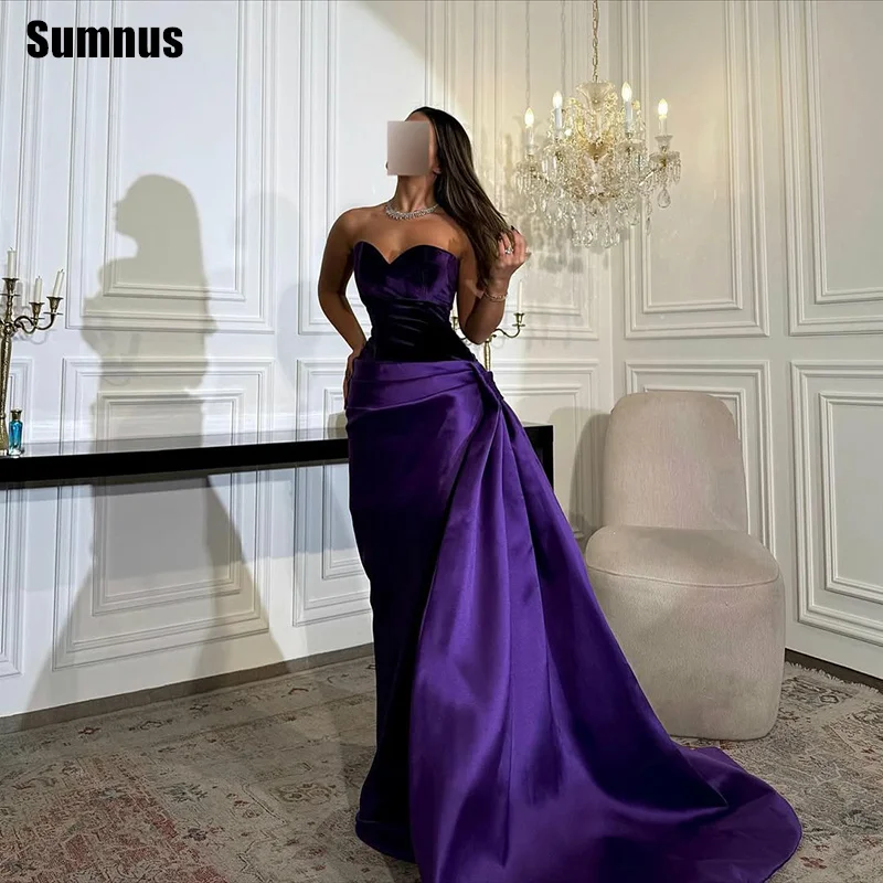 

Sumnus Simple Mermaid Prom Dress Purple Pleats Sweetheart Maxi Bodycon Evening Dress With Train فساتين سهرة Customized