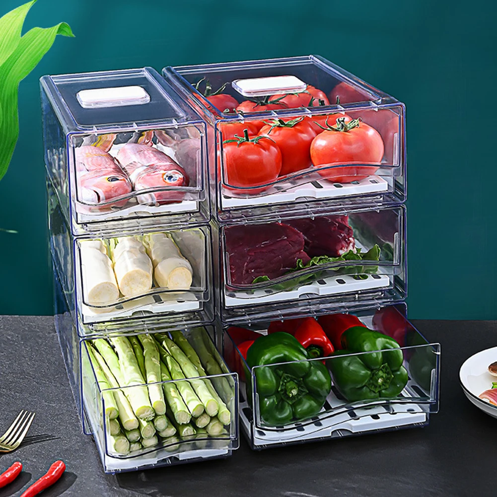 Stackable Refrigerator Organizer Cubes with Drain Tray Fridge Food Storage Container Reusable for Food Egg Meat Storage