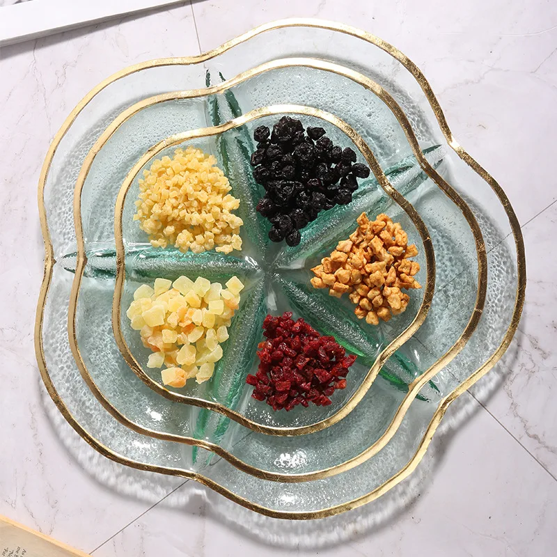 Christmas Glass Plate Gold Edge Tableware Home Living Room Dessert Snack Tray Creative Flower Shap Decorate Dish Food Utensil