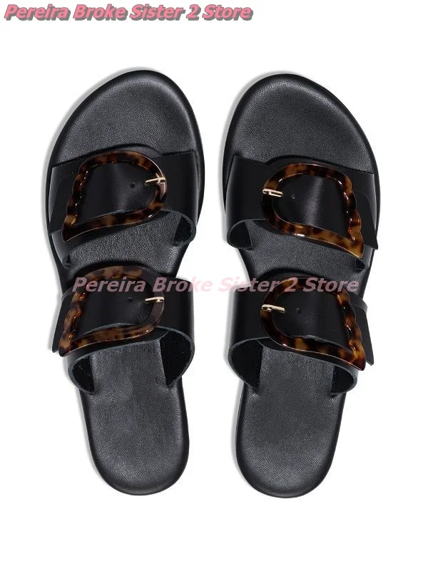 

2024 New Arrival Slides Round Toe Buckle Decoration Concise Flat Slippers Summer Casual Breathable Women Shoes Comfortable Cosy