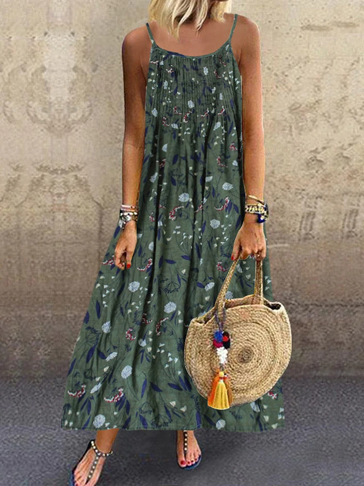 

Bohemian Women Dress Floral Print Sleeveless Long Maxi Summer Dress Holiday Beach Pleated Linen Suspenders Sundress