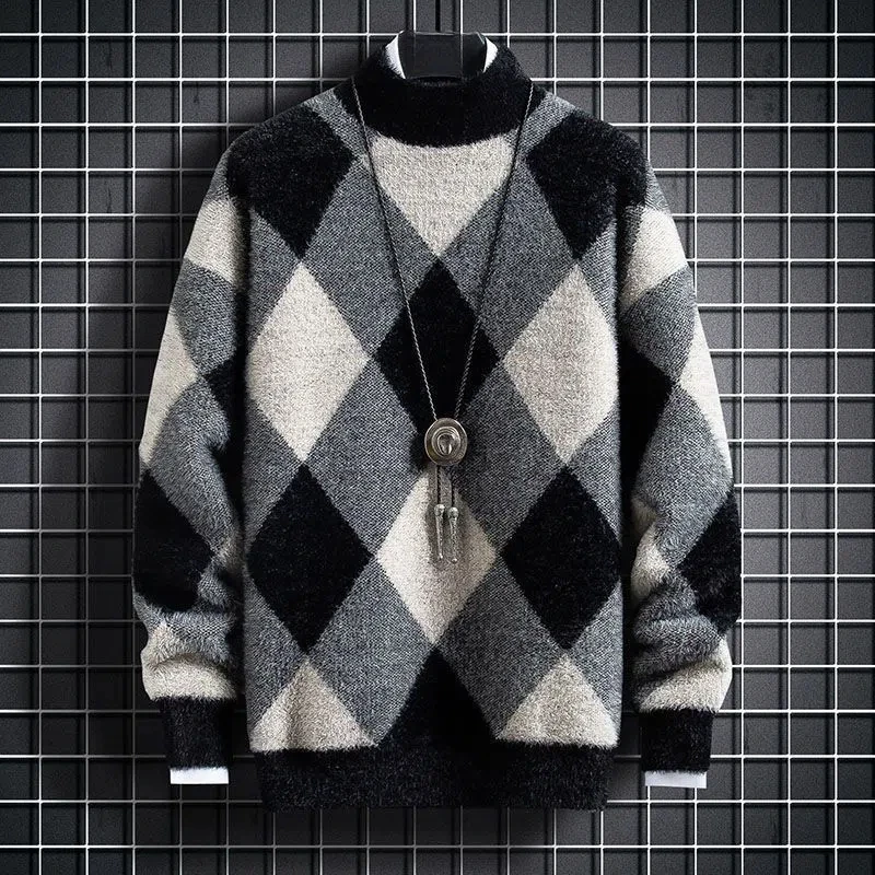 Men's Clothing Autumn Winter Long Sleeve O-Neck Pullover Plaid Checkered Contrast Color Sweater Knitted Casual Fashion Tops