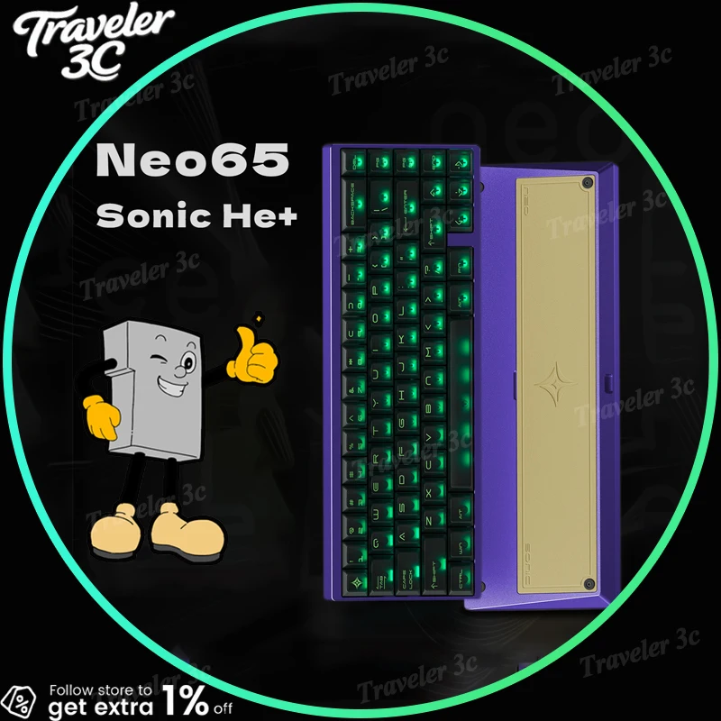 Teclado Gamer Tick Type Neo65 Sonic He+ com Case de Alumínio CNC, Switch OwLab Nova Hall Effect, Rapid Trigger de 0.01MM e Gasket de 8kHz