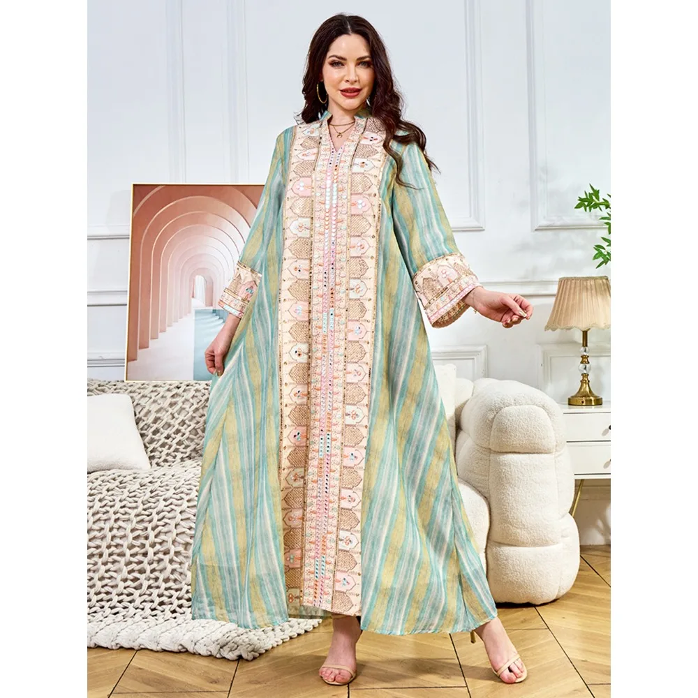 イスラム教徒の女性長袖アバヤドバイトルコスパンコール刺繍パーティーイブニングドレスイスラムファッションファムウェディングローブストライプドレス