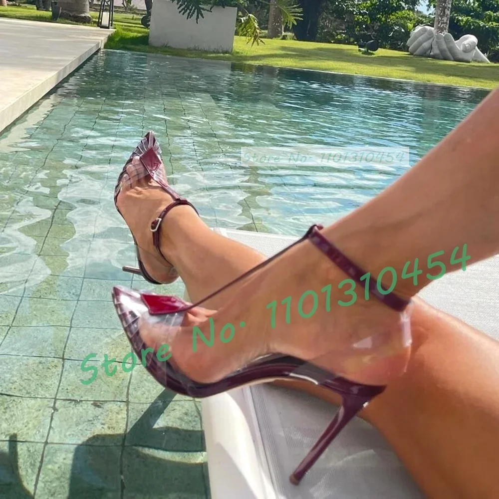 

Crystal T-strap PVC Sandals Women Slender Cross Straps Pointy Toe High Heels Holiday Shoes Ladies Leggy Large Size Party Sandals