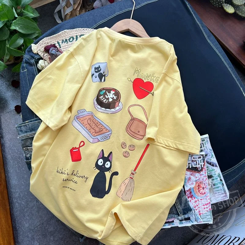 تي شيرت ياباني كانجي مطبوع عليه رسوم كرتونية لطيفة Y2K تي شيرت صيفي قصير الأكمام برقبة دائرية من القطن تي شيرت بأكمام قصيرة ملابس كاواي فضفاضة للمراهقين #4