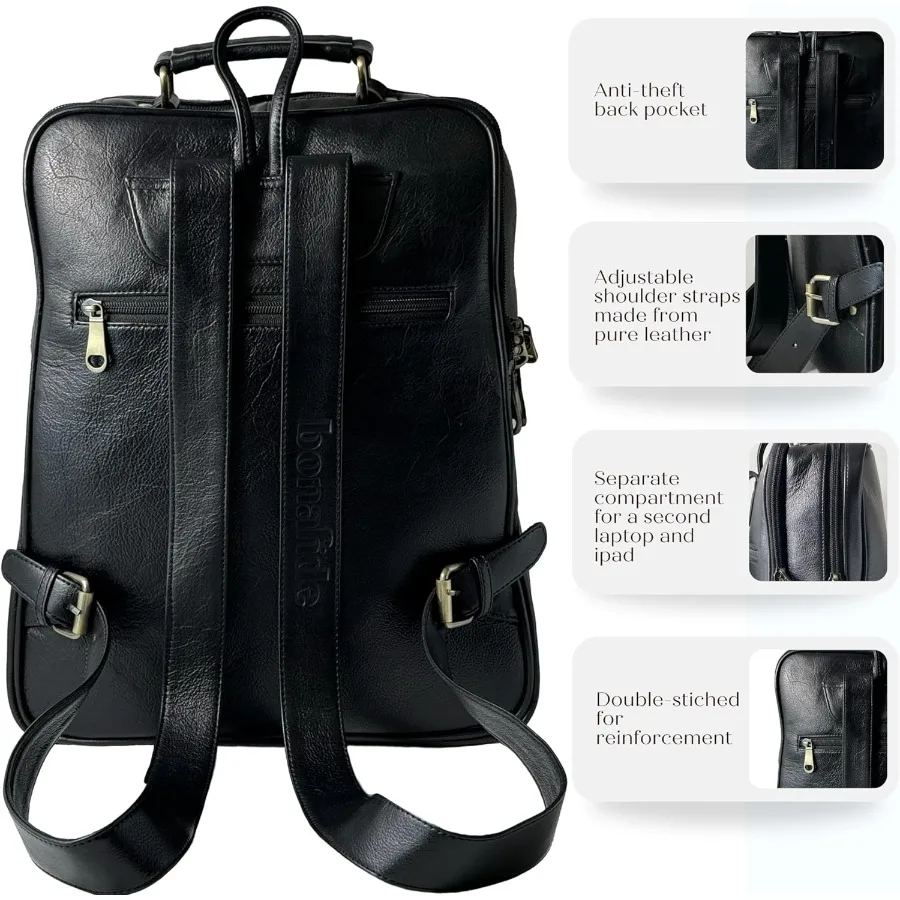 حقيبة ظهر للكمبيوتر المحمول من الجلد الأسود الفاخر مقاس 15.6 بوصة للرجال والنساء. حقيبة جلدية للاستخدام المهني في المكتب والعمل #6