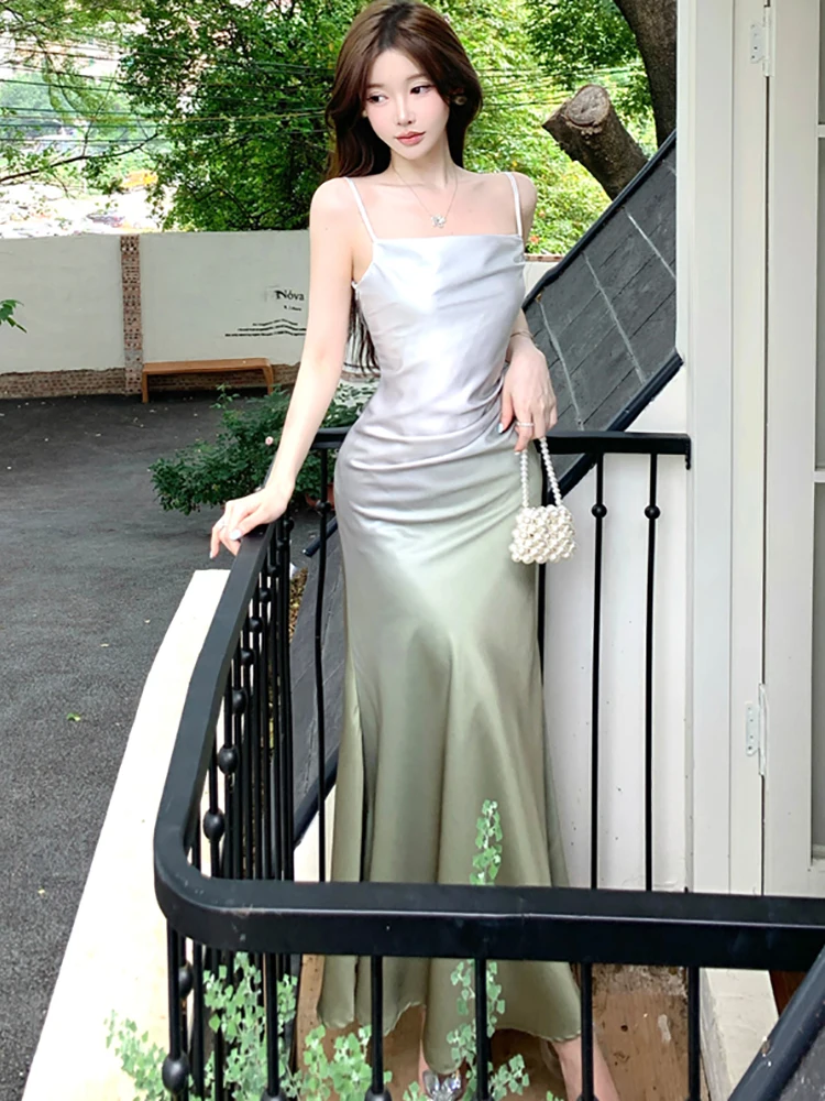 韓国ヴィンテージ風ラグジュアリーフェスティバルドレス、サマーグラデーショングリーンアセテートサテン スリングドレス、2025年エレガントボディコンダンスプロムドレス