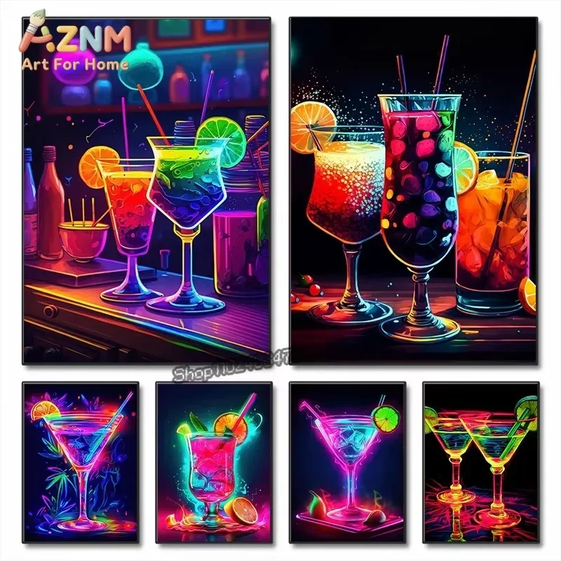 Neon Cocktail Drink Canvas Wall Art Colorful Glowing Cocktails Bar Alcohol Glass Print Unframed Canvas Poster for Home Bar Pub K