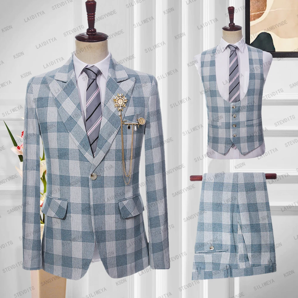 

2023 New Men's Suits High Quality Business Linen Light Blue Stripe Plaid Wedding Groom Tuxedo 3 Pcs Set Jacket+Vest+Pants