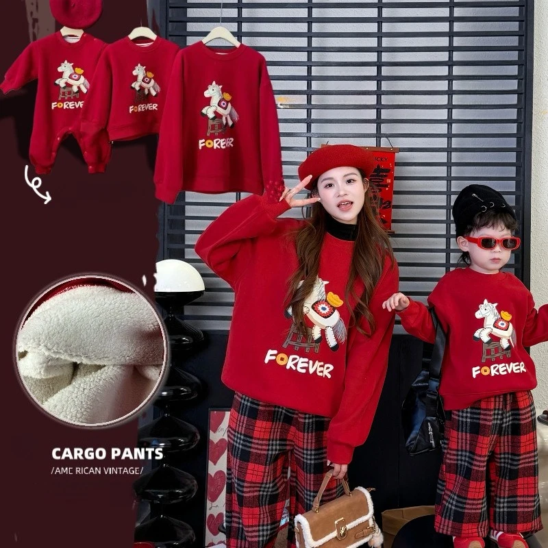 ‌2026 Chinese New Year Family Matching Set Red Fleece Sweatshirts for Parents & Kids Months Baby Pants Cotton Warm Winter Outfit