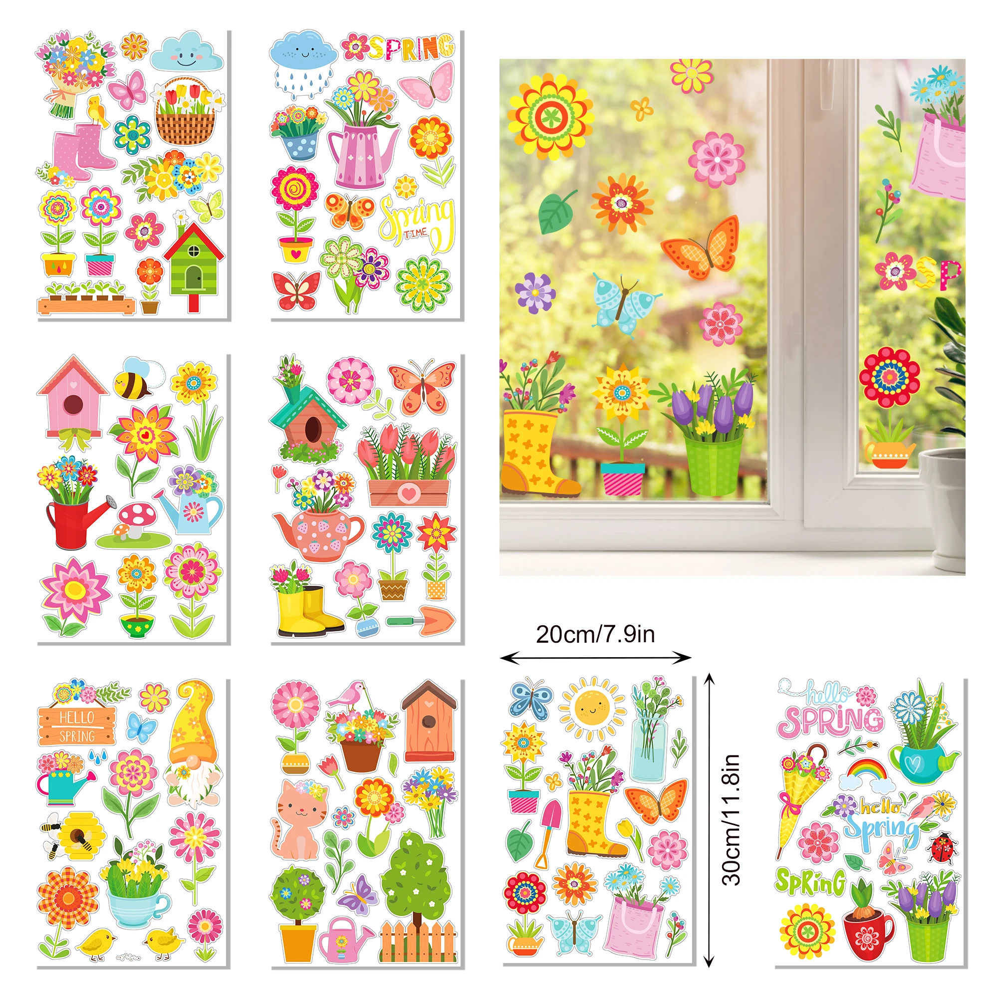 8 Sheets Cartoon Spring Flower Sun Butterfly Decoration Window Static Stickers Glass Decor Ornaments Home DIY Glass Clings