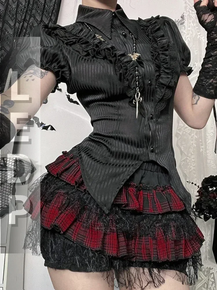 IMU Mall Gothic Y2k Dark Shorts Skirt Women Hotsweet Harajuku Grunge Plaid Lace Patchwork Spider Web Pumpin Skirts Female