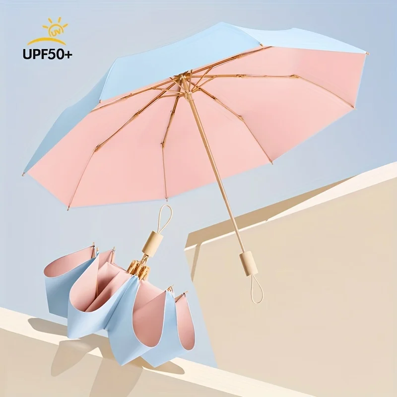 Impact-Resistant Fabric Triple Fold UV Protection Umbrella - Black Coated Compact Manual Handle for All-Weather Sun & Rain