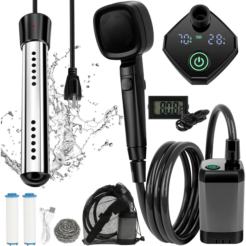 

6000mAh Portable Shower for Camping with 2000W Immersion Water Heater – Rechargeable Camp Showers Pump, Shower Head