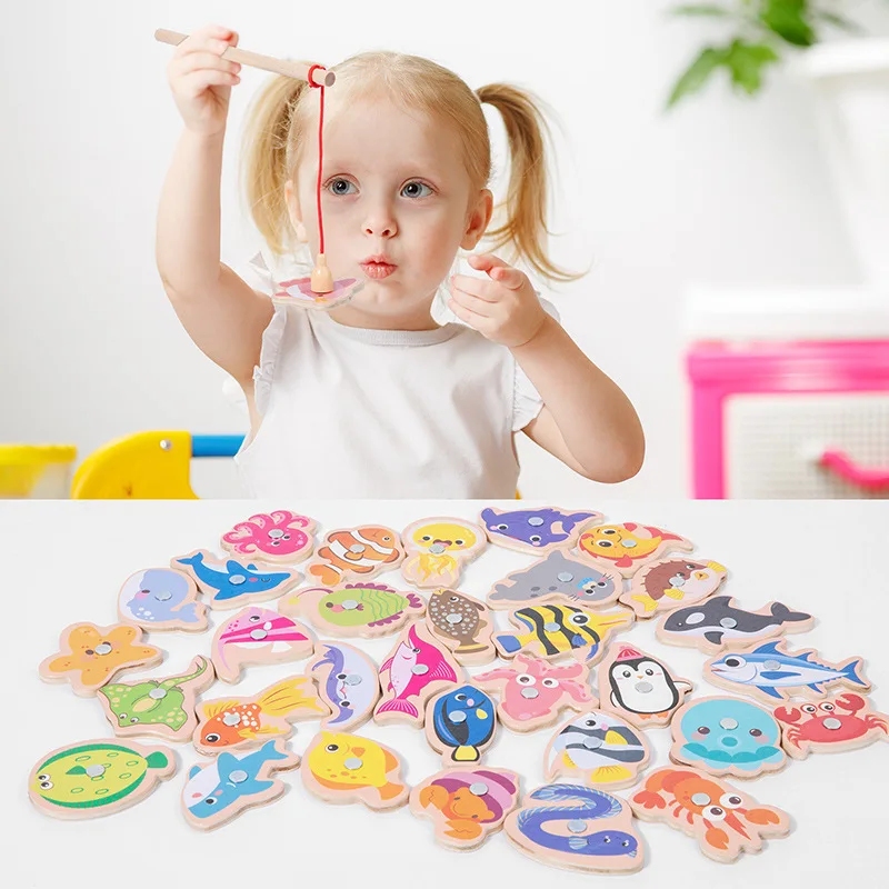 Giocattoli da pesca magnetici in legno cartoni animati per bambini creature Marine giochi di pesce cognitivo educazione interazione genitore-figlio regali per bambini