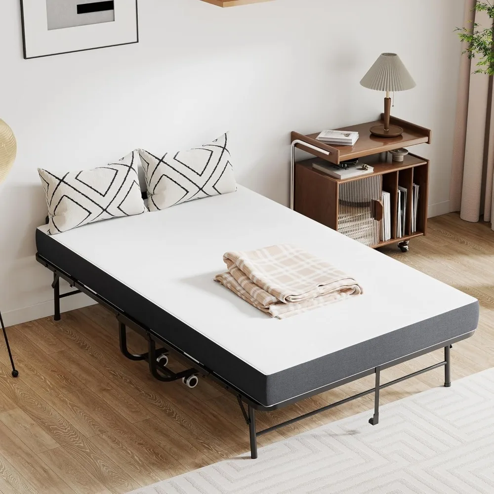 سرير قابل للطي مع مرتبة، سرير قابل للطي مقاس 74 × 46 للبالغين، سرير مزدوج محمول مع لوح رأسي وإطار معدني قوي #2