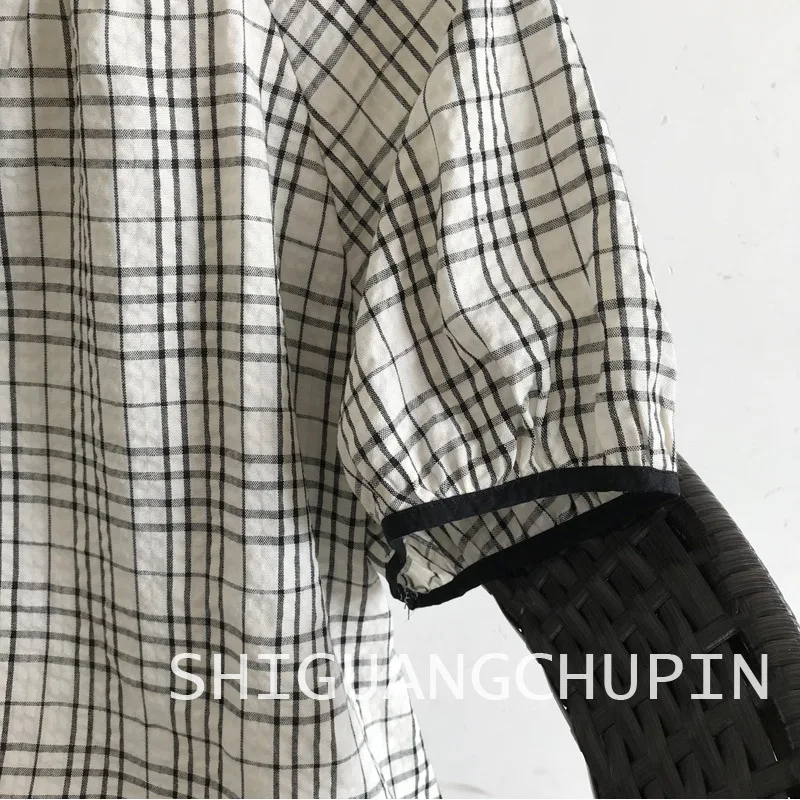 Japanese Mori Girl Vintage Plaid Single Breasted Shirts Women Summer O-Neck Short Sleeve Casual Loose Blouse Tops