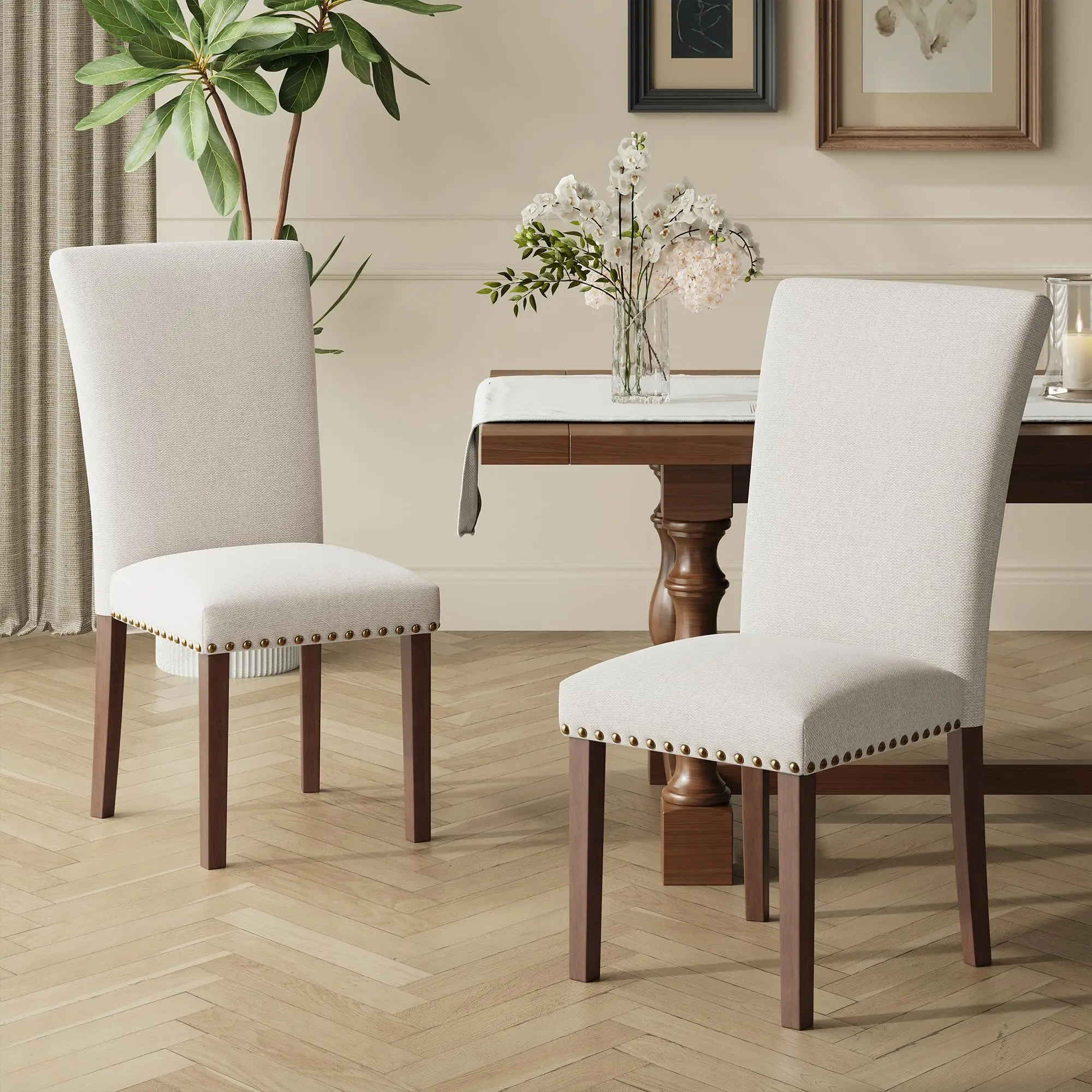 

Upholstered Parsons Dining Chairs Set Of 2 Fabric Side Chair With Nailhead Trim Wood Legs Beige