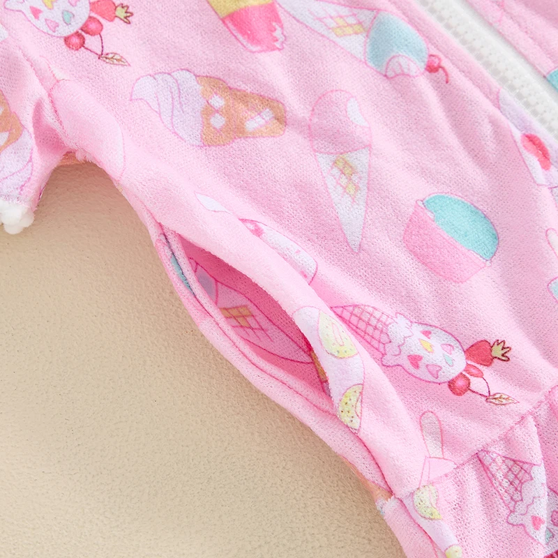 Toddler Kid Clothes Girls Summer Swimwear Cover Up Children Short Sleeve Ice Cream Print Zipper Hooded Dress Beachwear 1-8Y