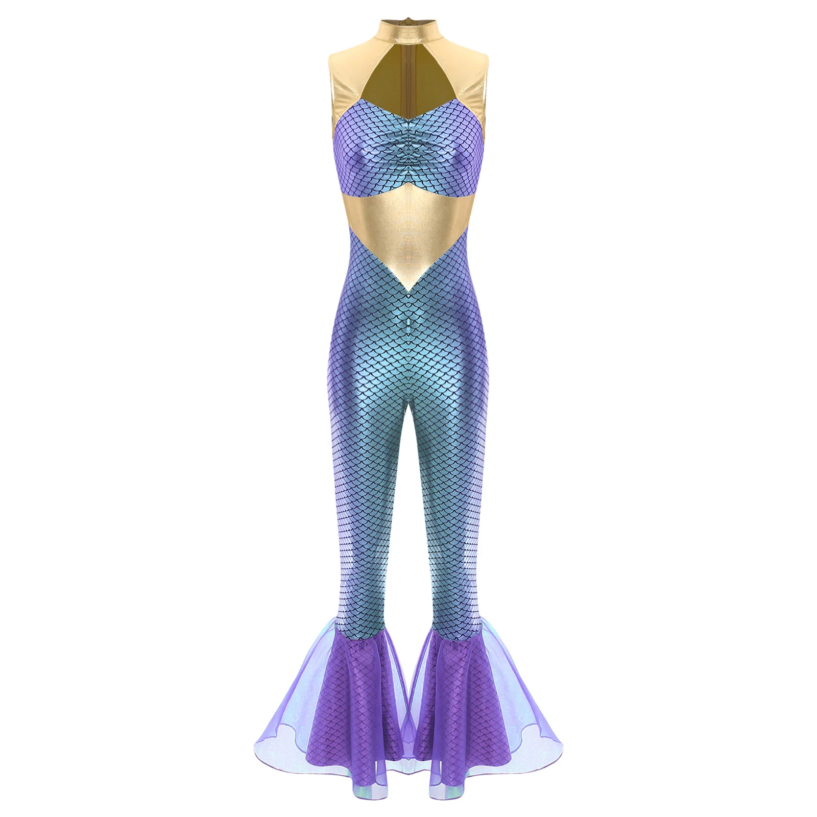 

Womens Elegant Mermaid Tail Jumpsuit with Metallic Fish Scale Design And Flared Hem for Halloween Underwater Themed Performance