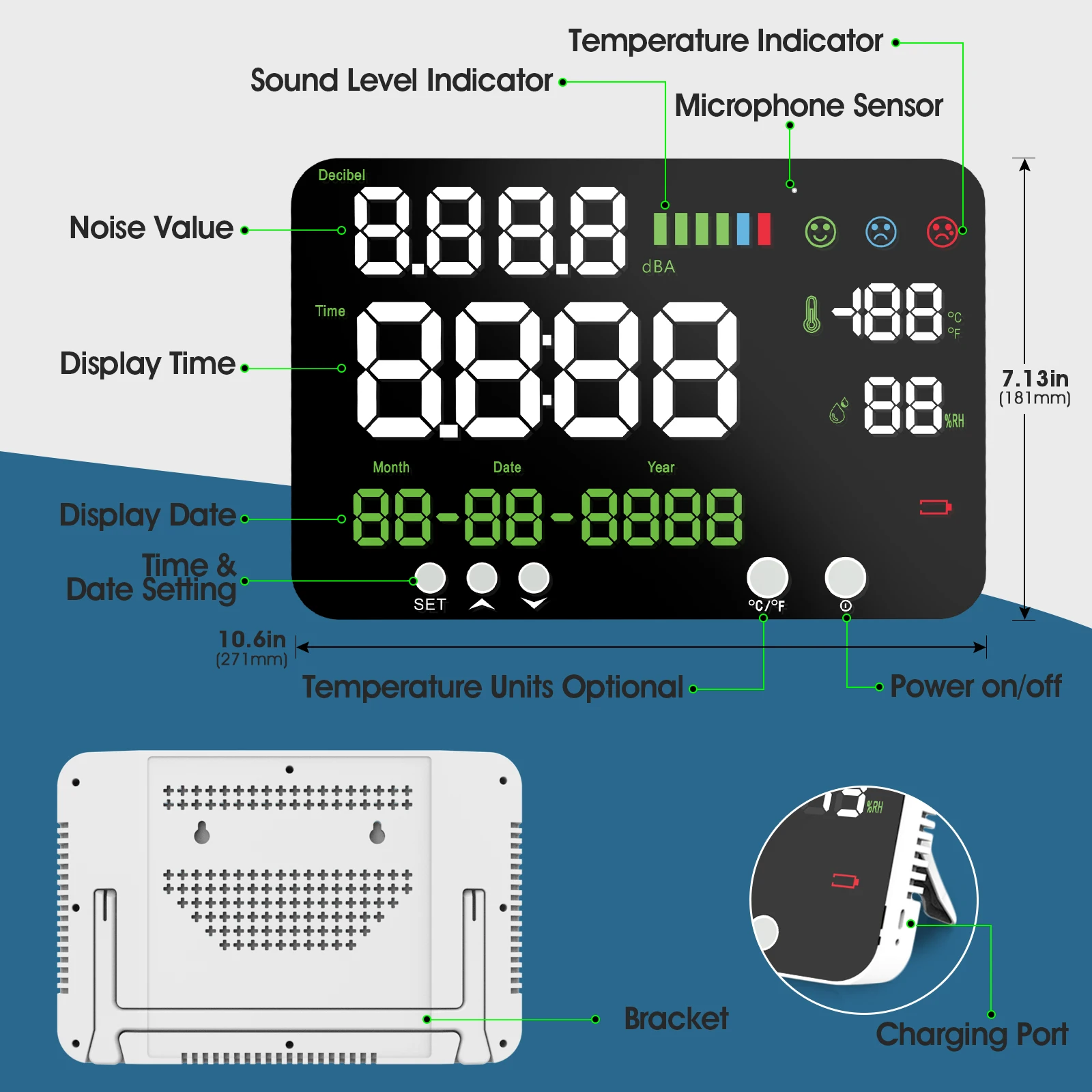 Monitor de decibelios de ruido Digital montado en la pared portátil Muestreo rápido de un segundo admite funcionalidad de carga de puerto de datos tipo C