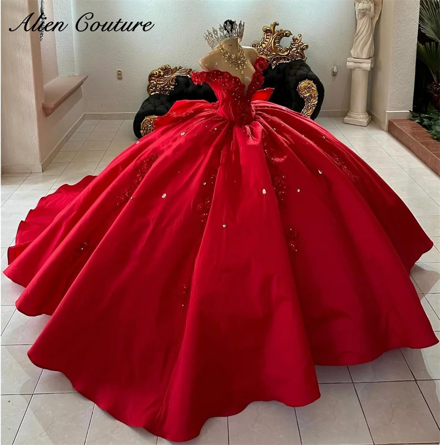 

New 2025 Red Quinceanera Dress Ball Gown Crystals Appliques 16th Party Gowns Vestidos De 15 Años With Bow Customized