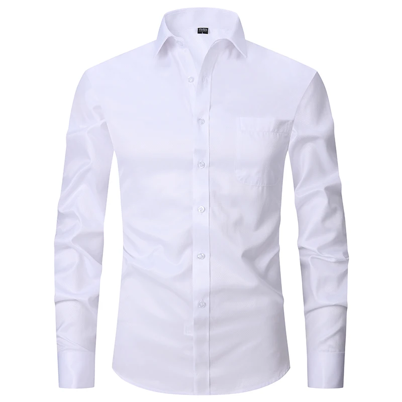 Men\'s Classic French Cuffs Solid Dress Shirt Fly Front Placket Formal Business Standard-fit Long Sleeve Office Work White Shirts