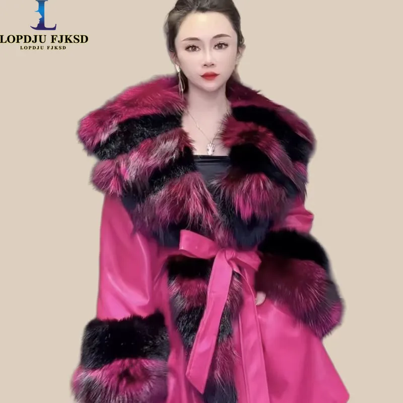 

Faux Fur Coat for Women,Adjustable Waist Jacket,England Style Covered Button PU Outwear,Fox Fur Collar, Autumn and Winter