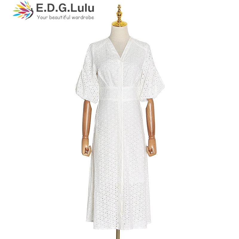 EDGLuLu V-Neck Lantern Sleeves White Dresses For Woman Single Breasted Lace Embroidered Floral Long Dresses Leisure Vacation0930