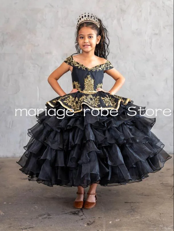 Girls Ruffled Charro Off Shoulder Mini Quinceanera Dresses Royal Blue Puffy Applique Lace-up Little Princess Flower Girl dress