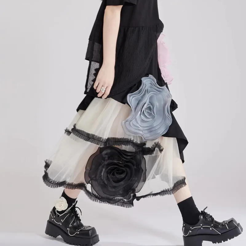 EAEOVNI-falda con diseño empalmado Floral 3D para mujer, faldas irregulares de corte A con contraste de Color a la moda Y2K 2025, novedad de verano 1A992