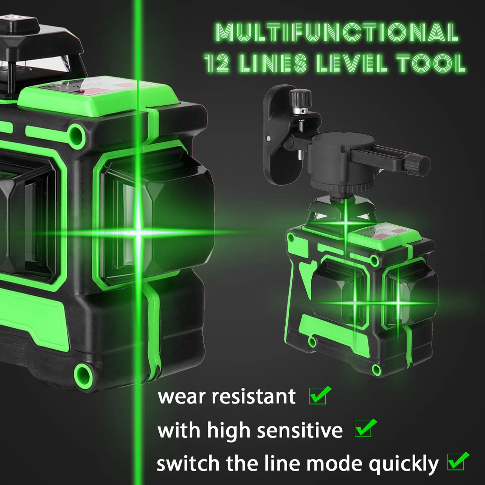 Multifunctional 3D 12 Lines Laser Level Tool Vertical Horizontal Lines with Self-leveling Function Green Line