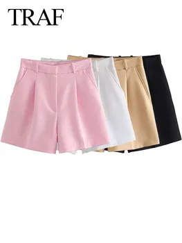 ONKOGENE 2023 Mode Frauen Hosen Chic Falten Seite Taschen Schmücken Beiläufige Kurze Hose Weibliche Hohe Taille Schlank Pendeln Büro Shorts