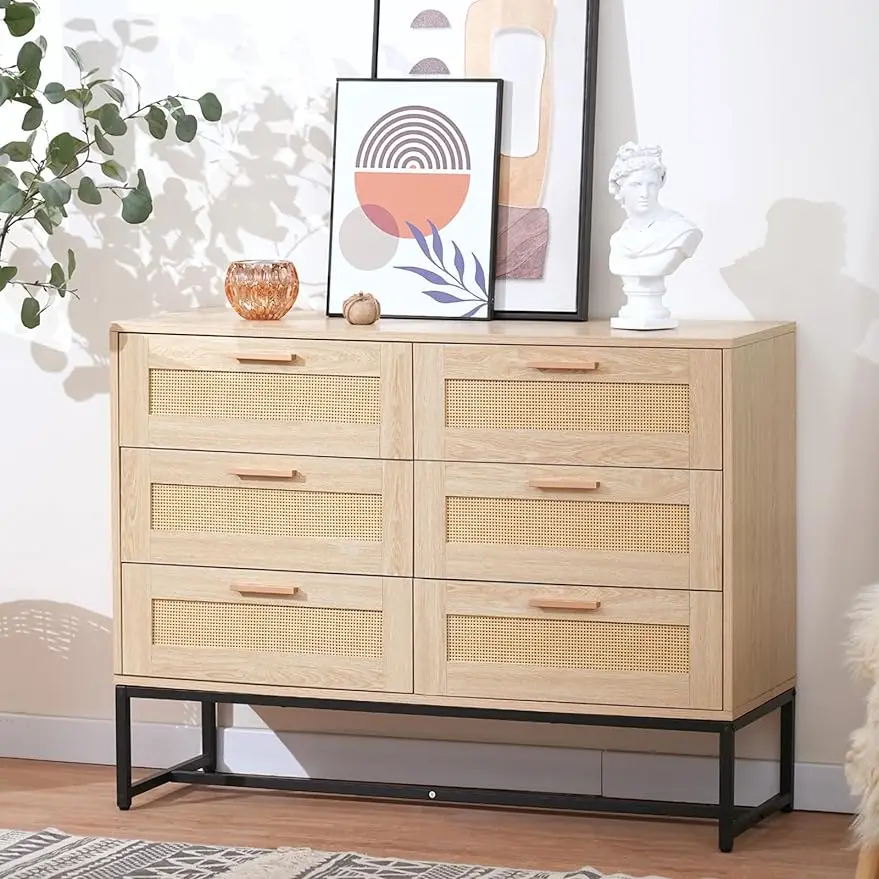 

Rattan 6 Drawer Dresser for Bedroom Mid Century Modern Dresser Natural Rattan Chest of Drawer Light Wood Dresser for Entryway